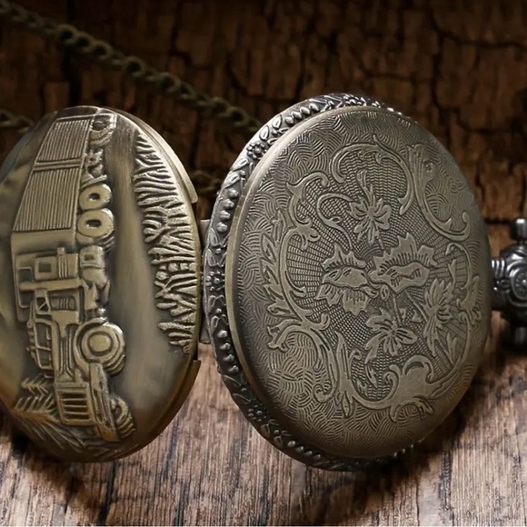 antique style pocket watch with a bronze finish and a truck design on the front - Picture 6 of 11